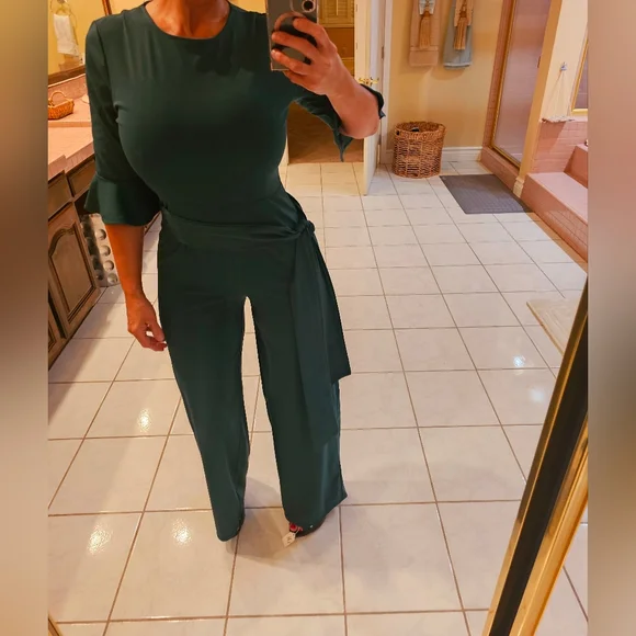 Womens Medium half sleeve Belted green one piece pants jumpsuit - Picture 9 of 9